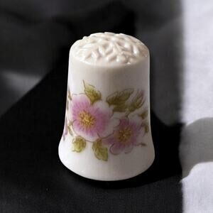 Vintage Jaeger Ceramic Thimble White Floral Print Bavaria Germany 1”